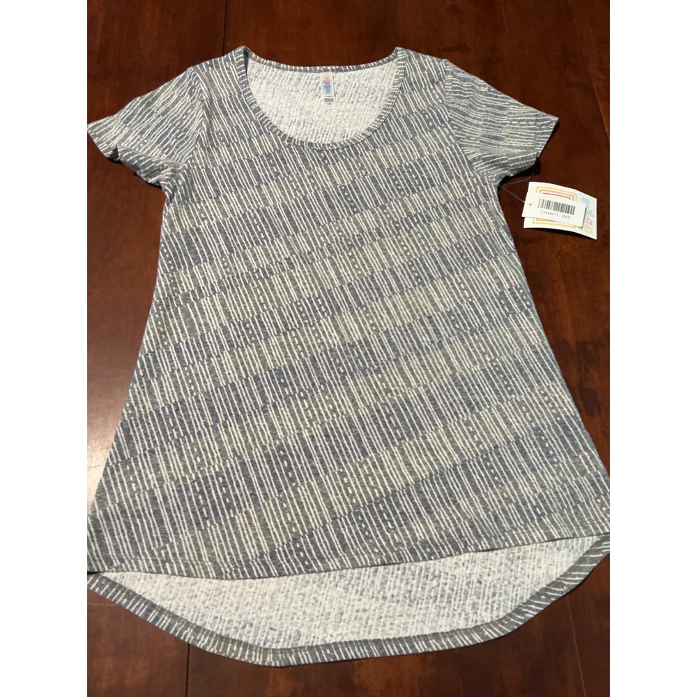 LuLaRoe Classic T XXS Grey White Geometric Dash Print High Low Short Sleeve Top